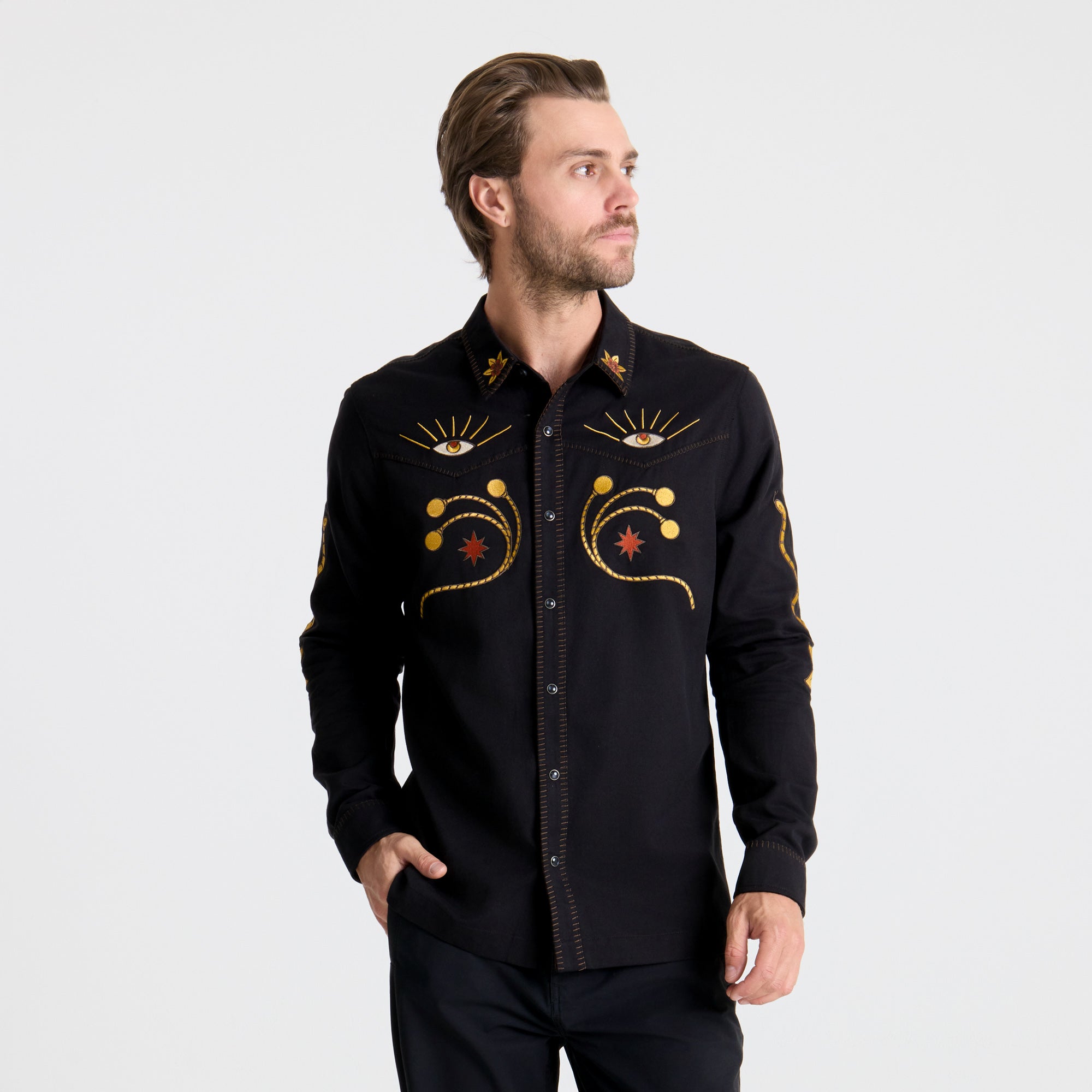 Stylish black fedora with detailed embroidery on the band, featuring elegant sleeves, collar, and button accents, perfect for Roark's adventure and travel-inspired lifestyle.